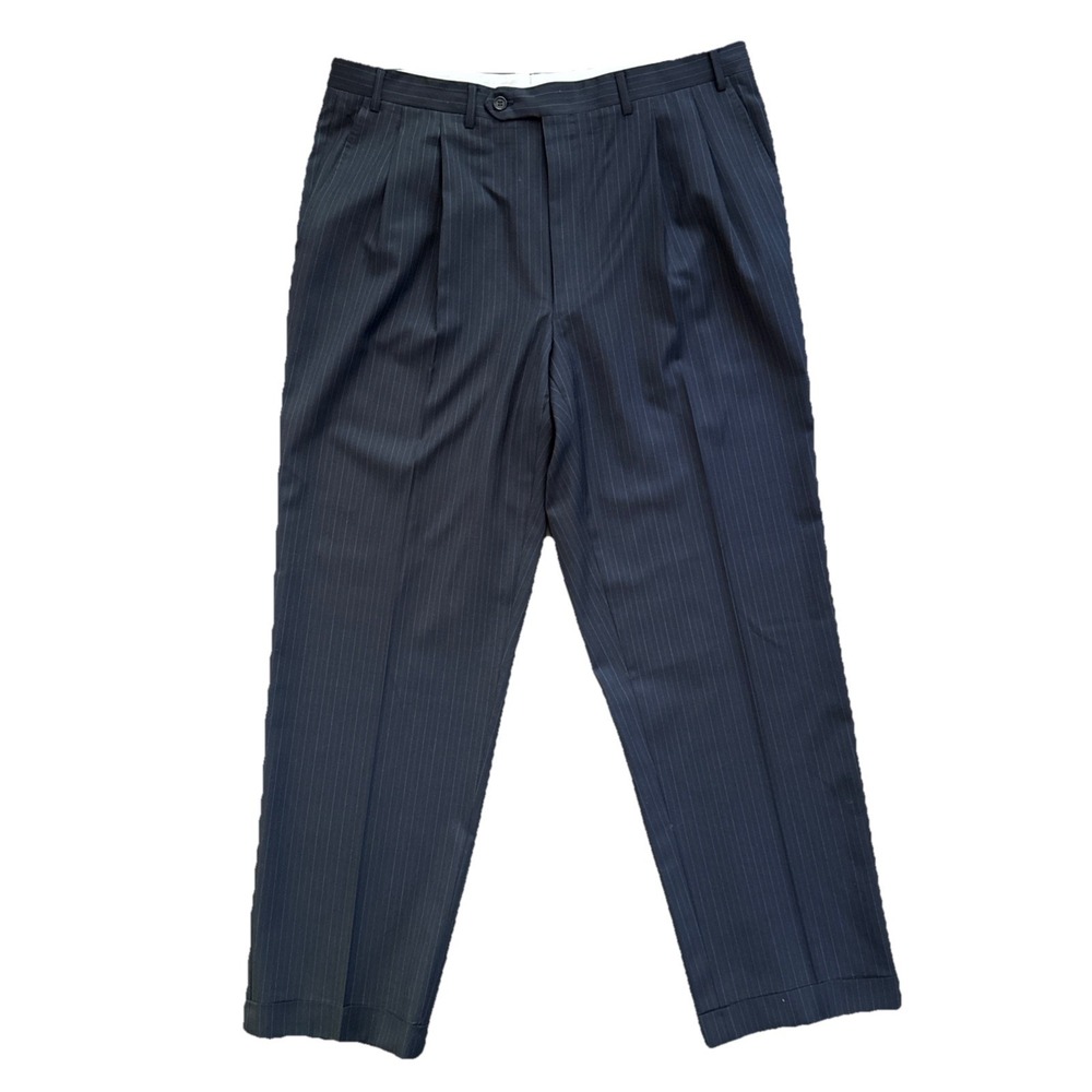 Canali Dress Pants Men 36x30 Navy Pinstriped Wool Pleated Cuffed Super 120s